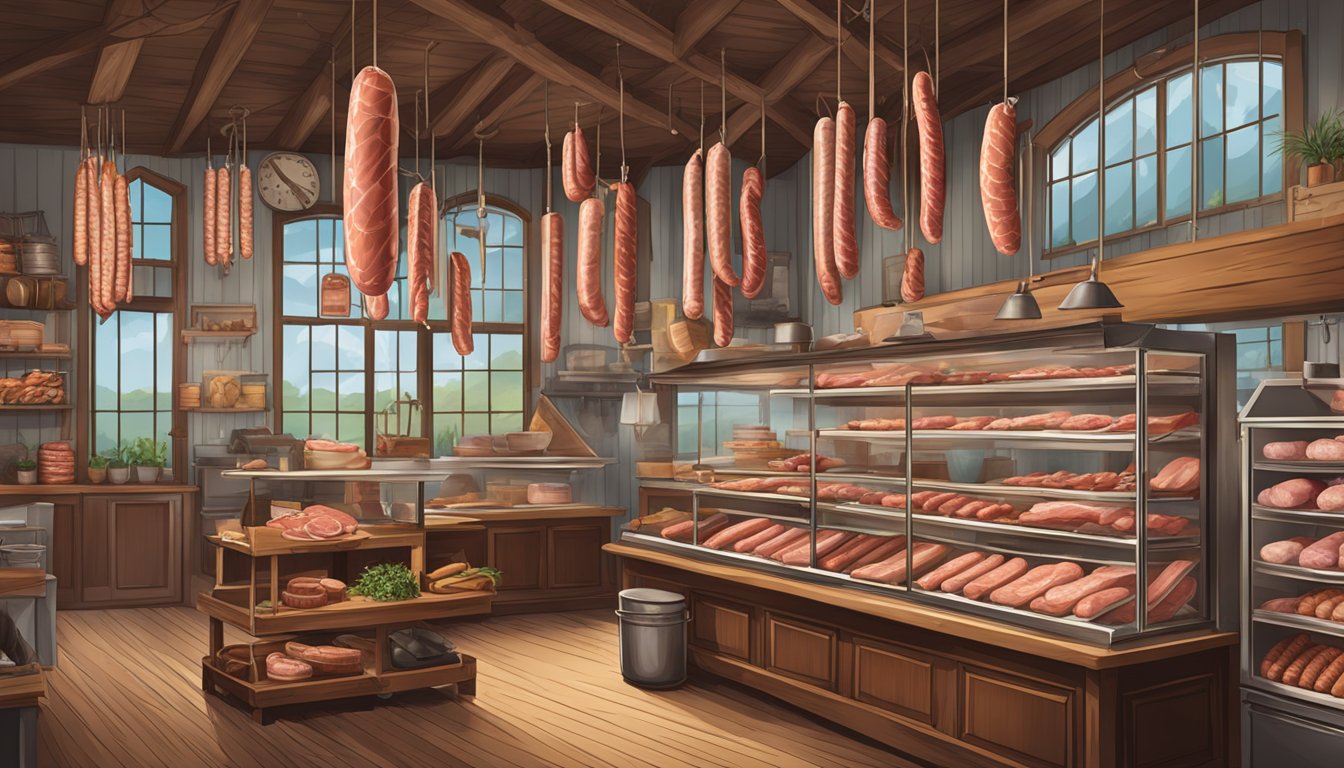 A traditional German butcher shop in Texas, with hanging sausages, meat cuts, and vintage equipment