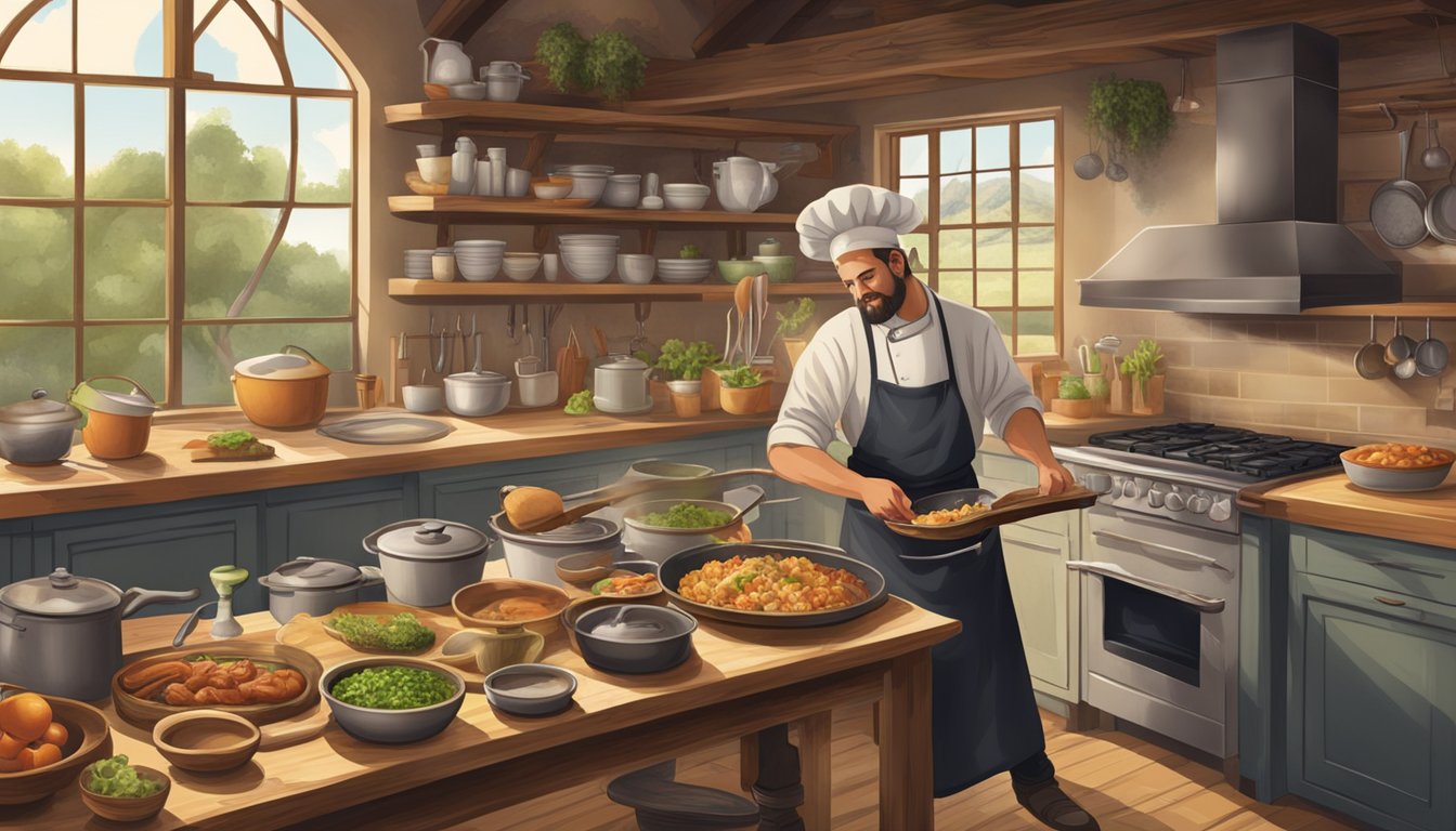 A German-Texan chef preparing traditional dishes in a rustic kitchen with a mix of German and Texan ingredients and cookware