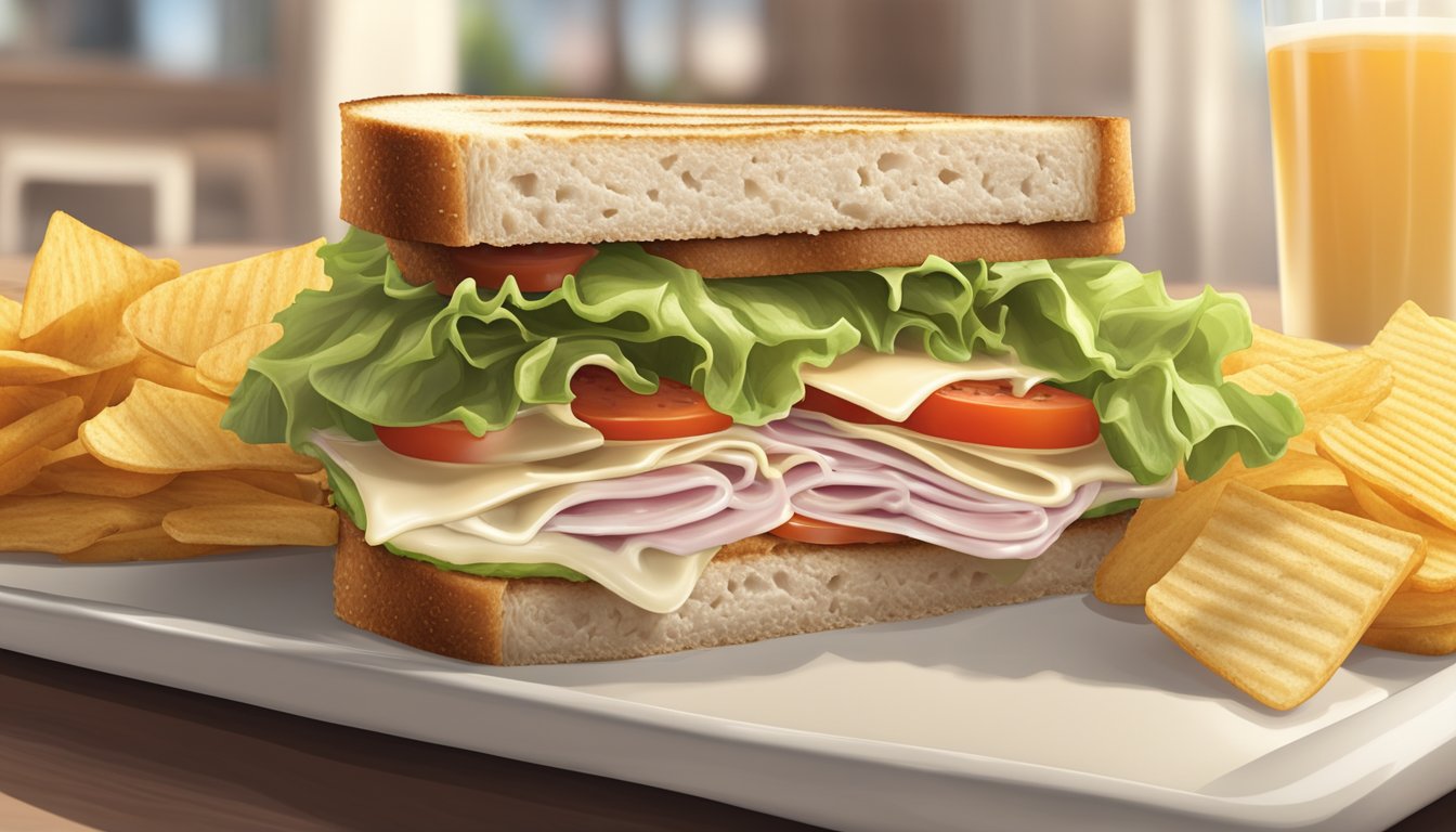 A classic turkey sandwich with lettuce, tomato, and mayonnaise on two slices of toasted bread, served on a white plate with a side of potato chips