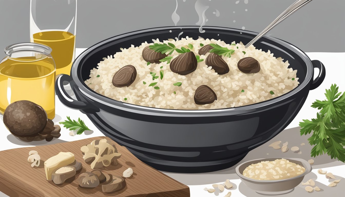 A steaming bowl of truffle risotto surrounded by ingredients like Arborio rice, truffle oil, Parmesan cheese, and mushrooms