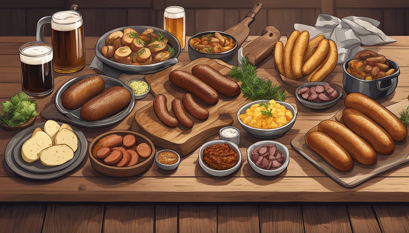 A rustic kitchen with a mix of German and Texan ingredients spread out on a wooden table, including sausages, brisket, potatoes, and beer