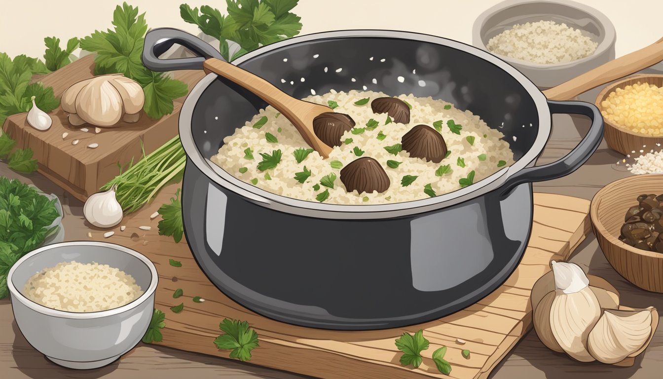 A steaming pot of truffle risotto being stirred with a wooden spoon, surrounded by fresh ingredients like mushrooms, garlic, and Parmesan cheese