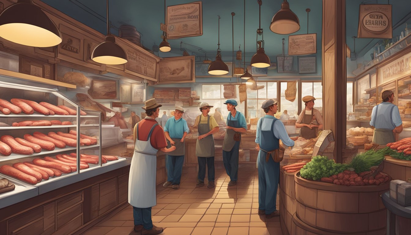 A bustling German Texan butcher shop with customers and workers interacting, traditional sausages and meats on display, and a sense of community