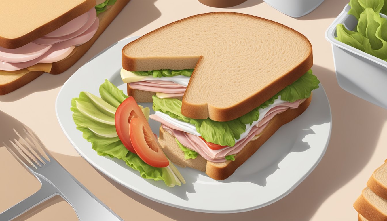 A turkey sandwich being assembled with layers of sliced turkey, lettuce, tomato, and mayonnaise between two slices of whole wheat bread