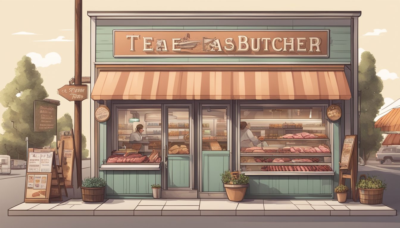 A modern German-Texan butcher shop with traditional signage, meat display, and customers browsing