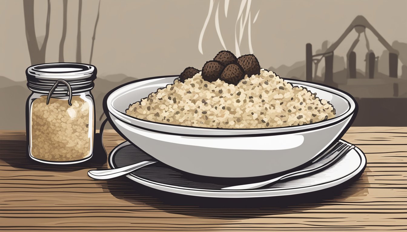 A steaming bowl of truffle risotto on a rustic wooden table, with a fork placed beside it