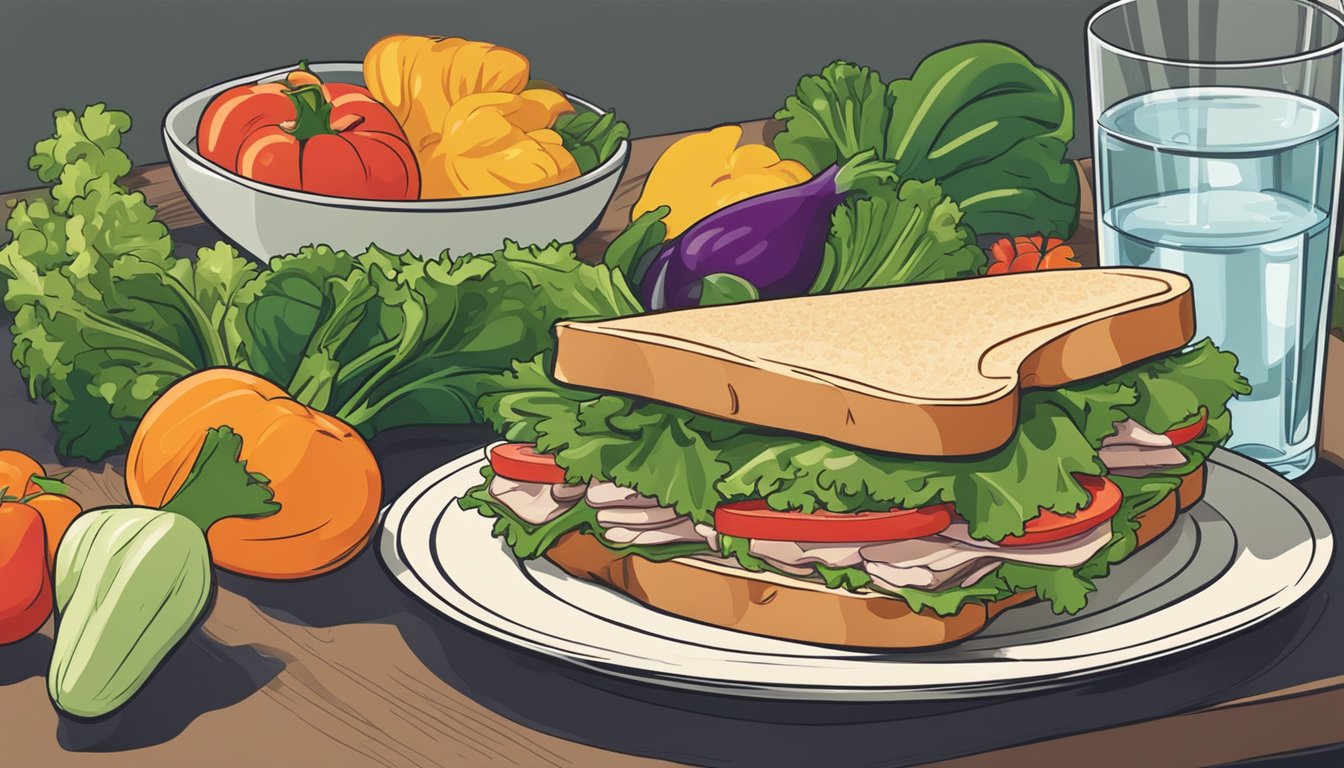 A turkey sandwich sits on a plate next to a pile of fresh vegetables and a glass of water