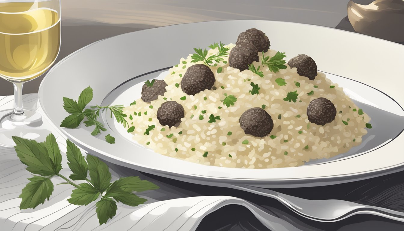 A plate of truffle risotto is elegantly presented with a drizzle of truffle oil and a sprinkle of fresh herbs, served alongside a glass of white wine