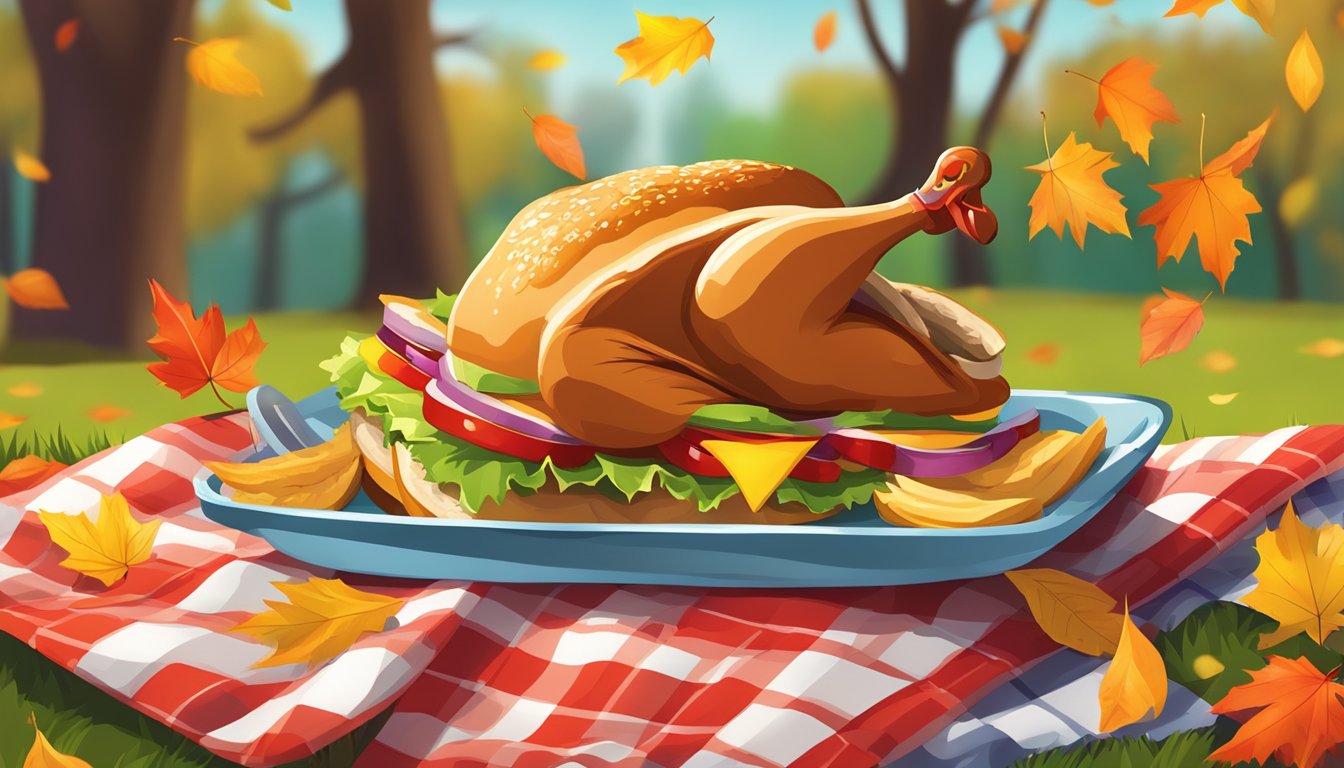 A turkey sandwich being enjoyed on a picnic blanket under a colorful tree, surrounded by falling leaves and a festive atmosphere