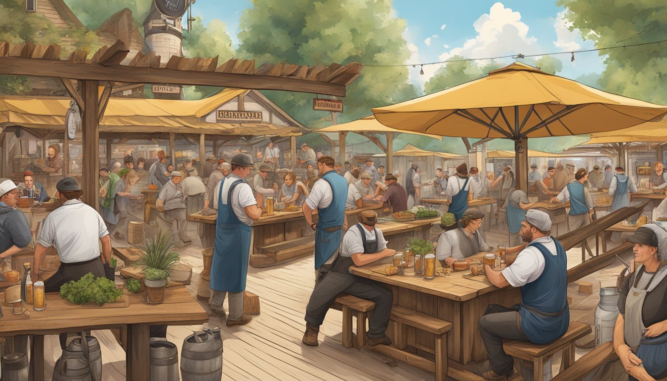 A bustling biergarten with rustic wooden tables, beer steins, and German-Texan chefs cooking up hearty dishes