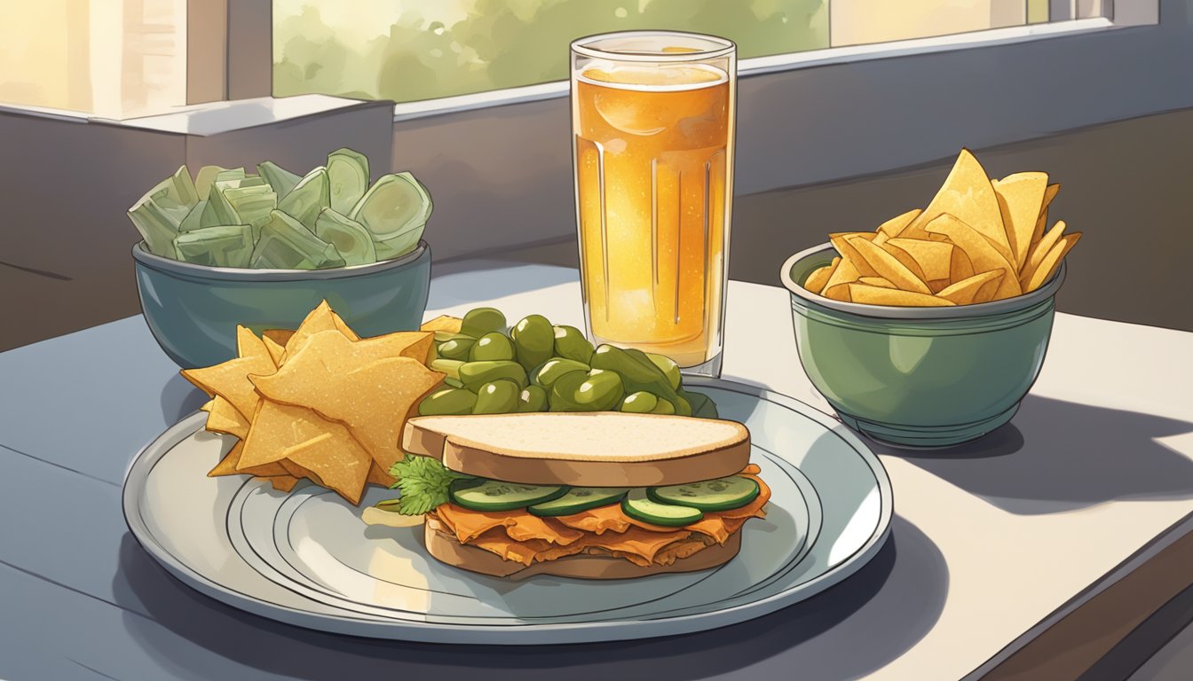 A turkey sandwich sits on a plate surrounded by a small bowl of chips and a side of pickles. A glass of iced tea sits nearby