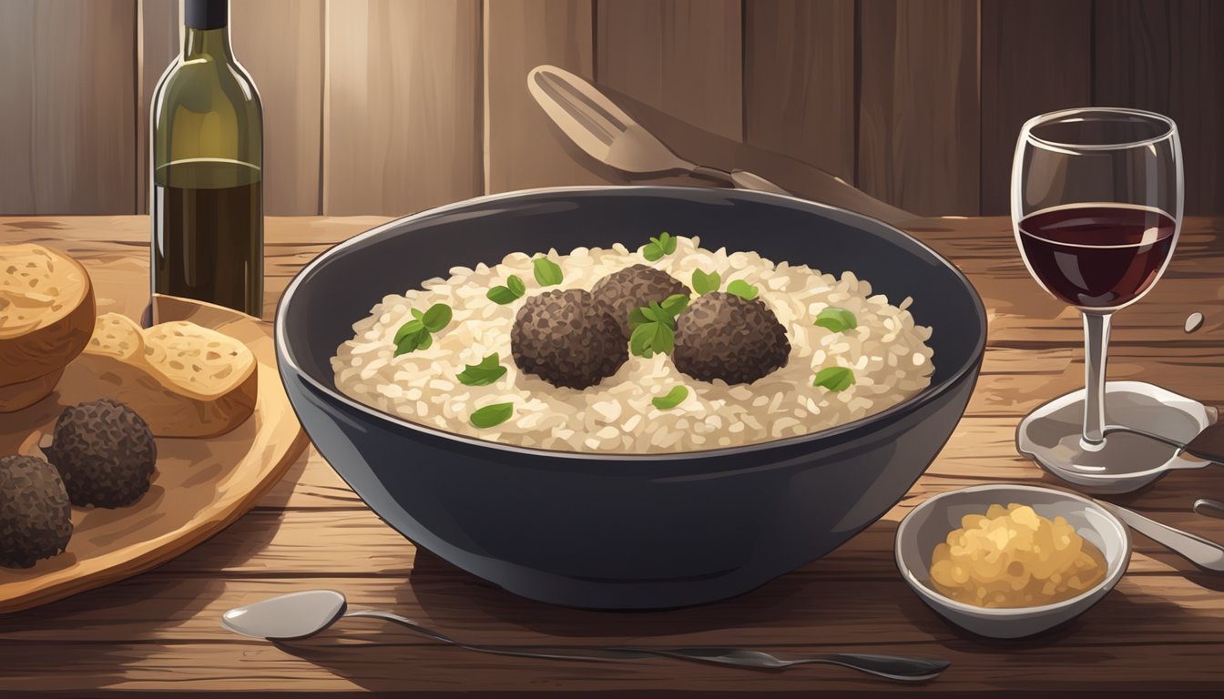 A bowl of truffle risotto sits on a rustic wooden table, surrounded by scattered utensils and a half-empty wine glass. A cozy kitchen setting with warm lighting and a relaxed atmosphere