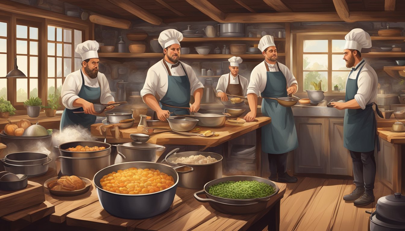 A group of German Texan chefs prepare traditional dishes in a rustic kitchen filled with vintage cookware and ingredients