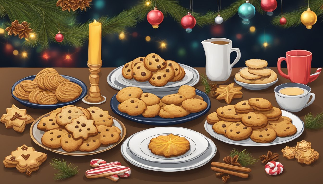 A festive table with traditional German-Texan Christmas cookies, surrounded by holiday decorations and symbols of cultural significance