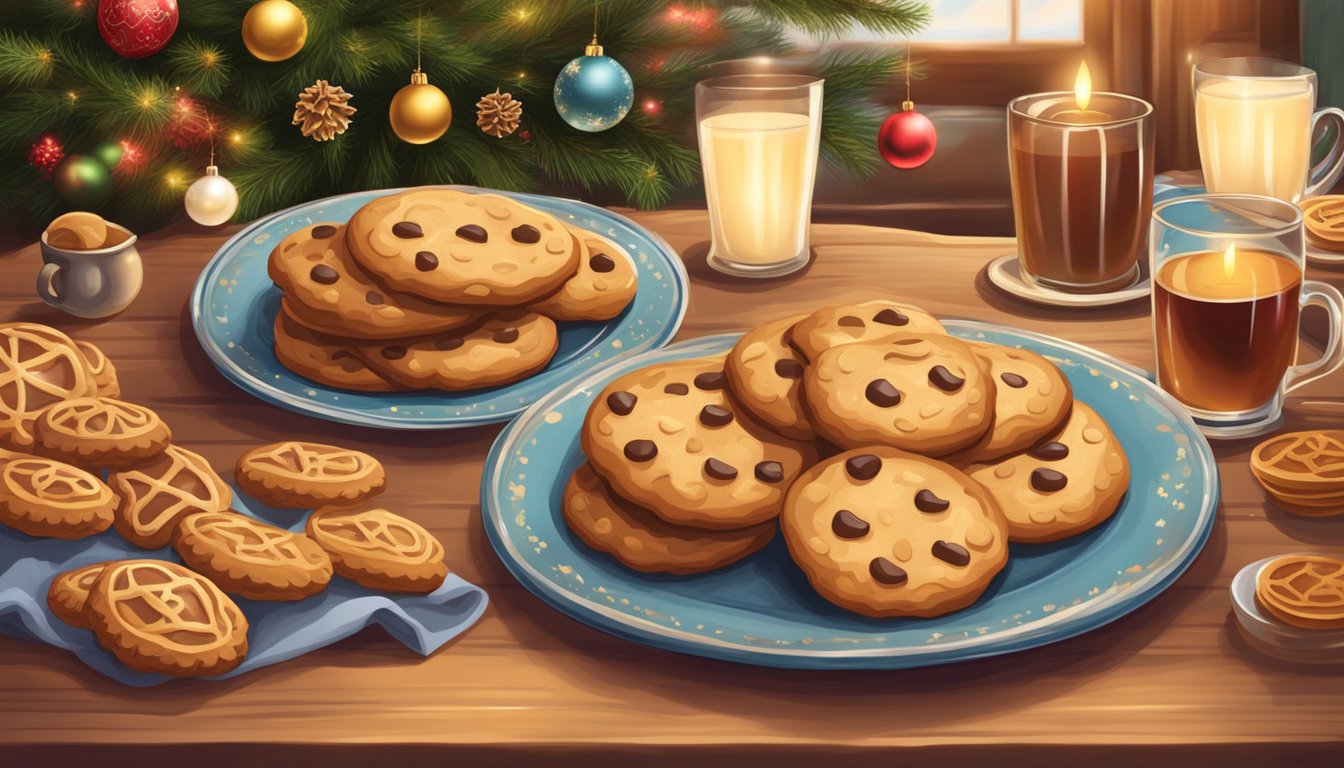 A table set with festive German Texan cookies, surrounded by traditional Christmas decorations and a cozy, warm atmosphere