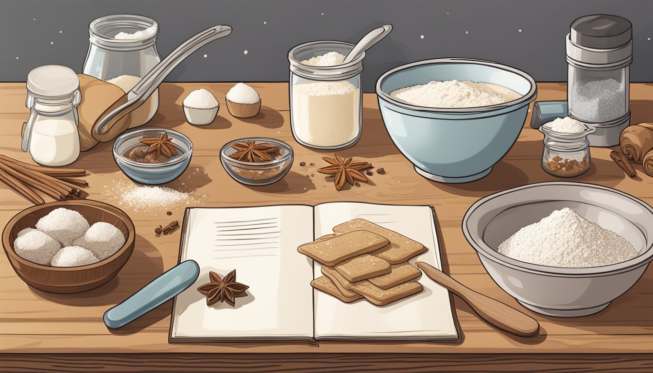 A kitchen counter with a rolling pin, cookie cutters, and bowls of flour, sugar, and spices. A recipe book open to German Texan Christmas cookie traditions