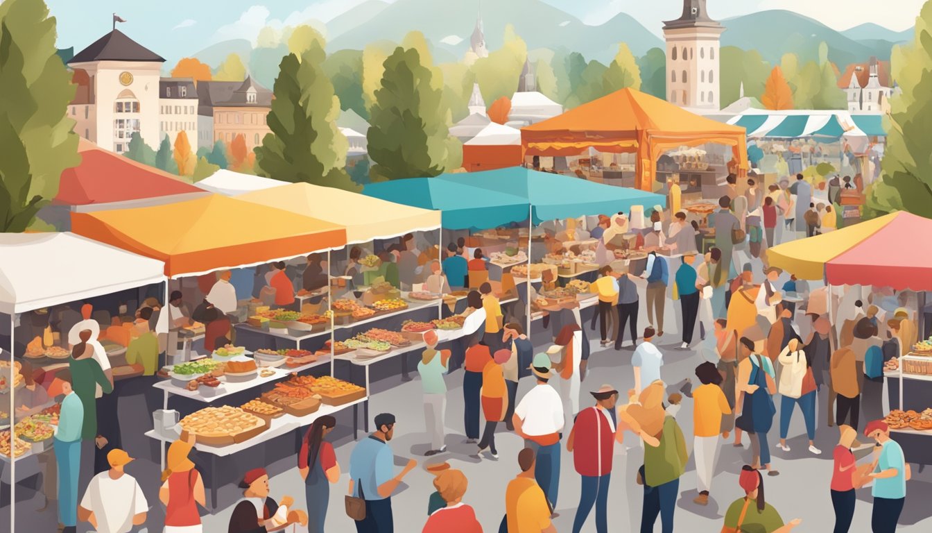 A bustling food festival with colorful stalls selling German and Texan culinary delights, surrounded by eager attendees sampling the various dishes