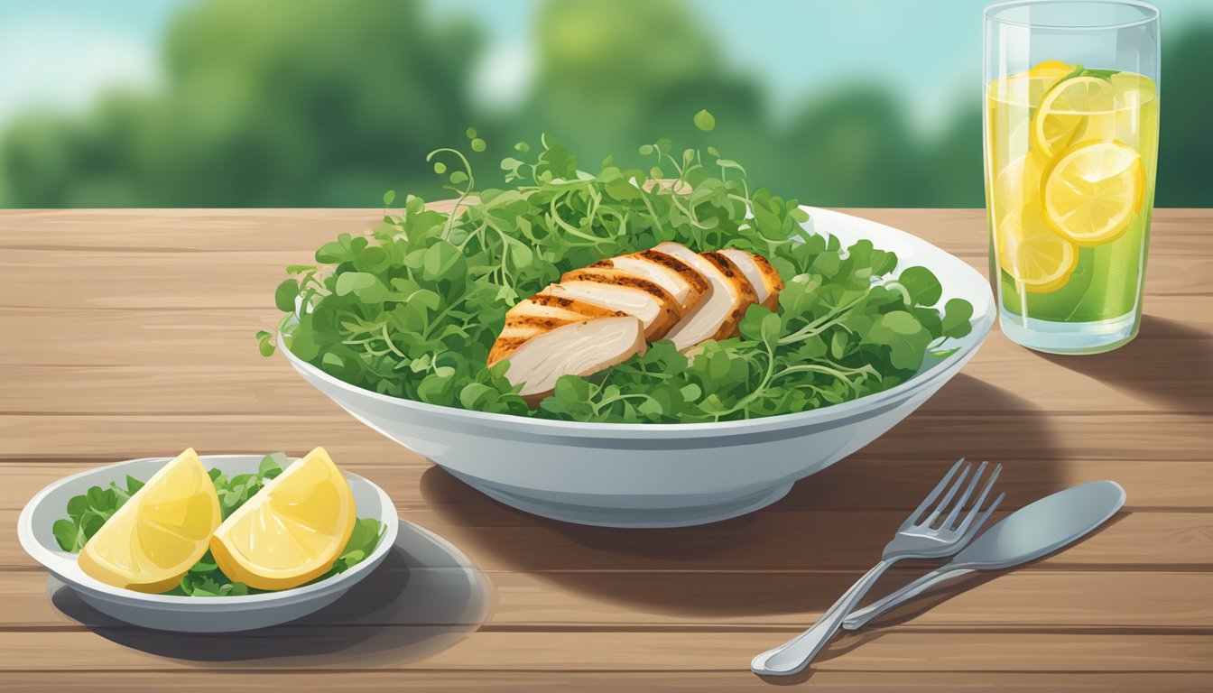 A bowl of watercress salad sits on a wooden table next to a plate of grilled chicken and a glass of sparkling water