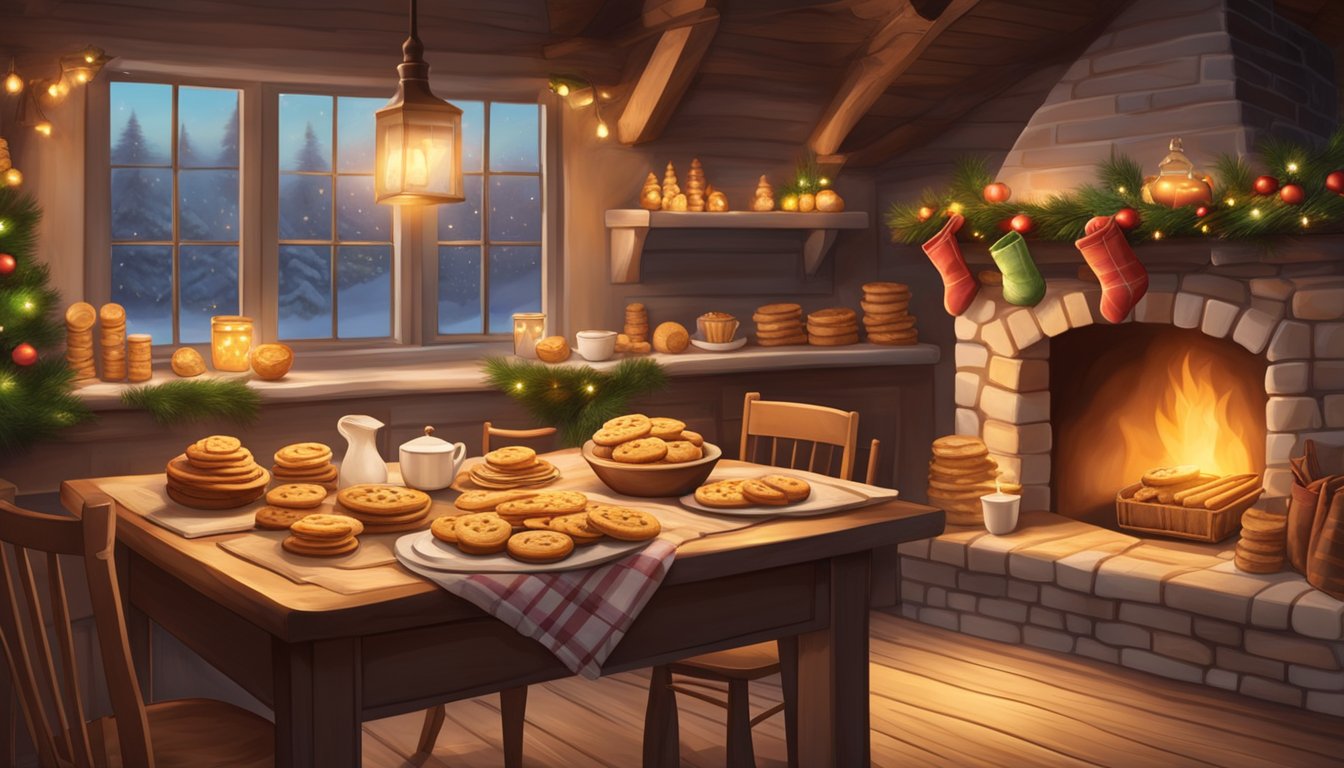 A cozy kitchen with a rustic wooden table covered in an assortment of freshly baked German Texan Christmas cookies. A warm glow from the fireplace adds to the festive atmosphere