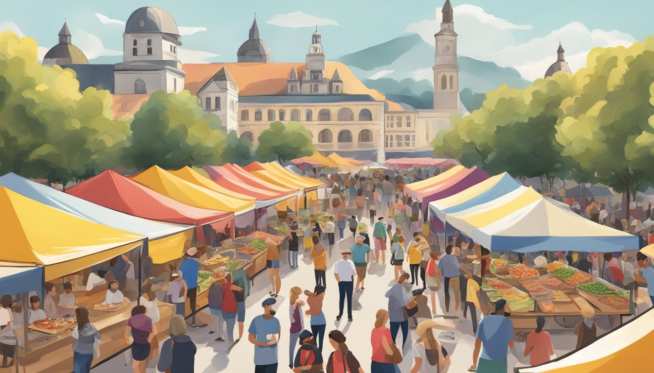 A bustling food festival with colorful tents, live music, and people sampling German Texan cuisine