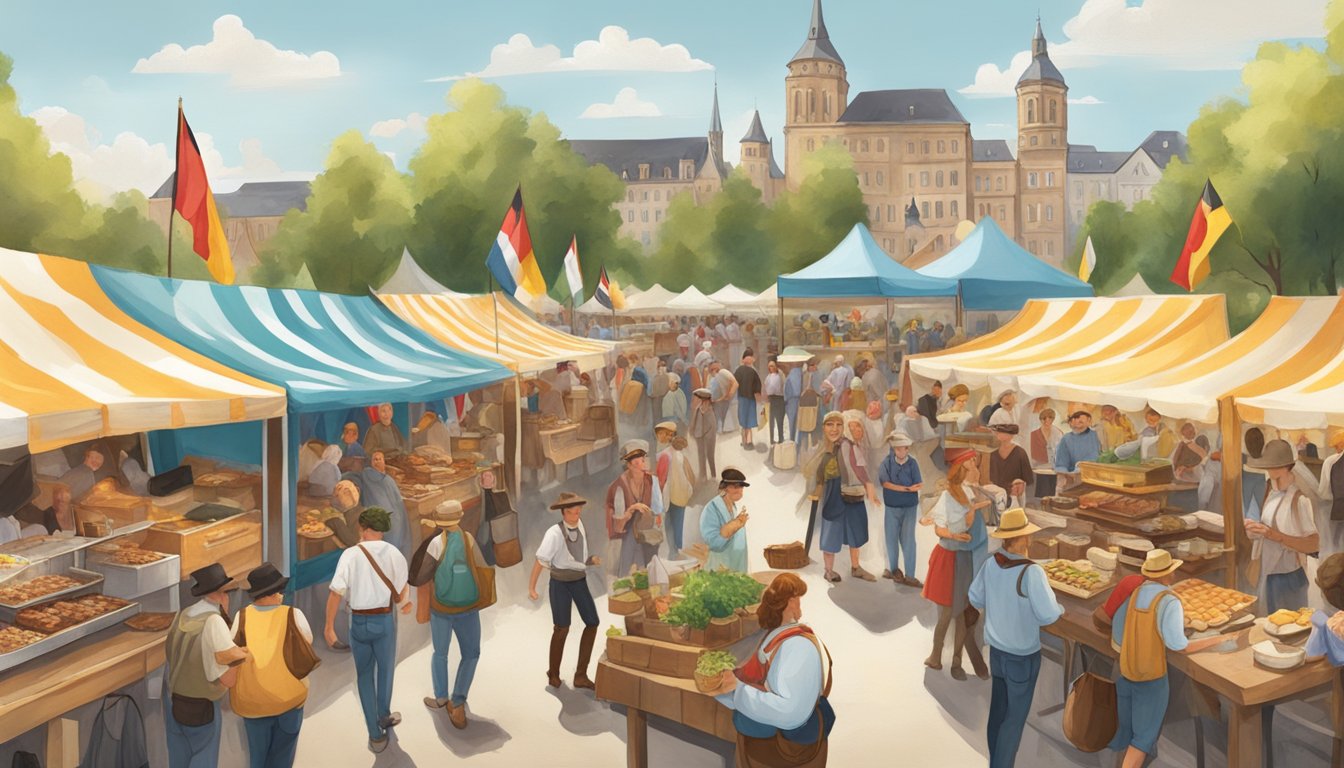 Crowds in traditional German and Texan attire gather at a lively food festival, with vendors selling culinary delights and live music filling the air