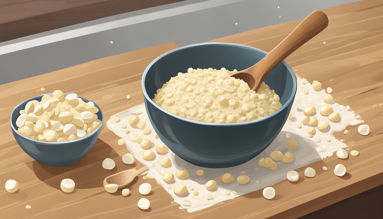 A mixing bowl with dough and a spoon, surrounded by scattered white chocolate chips and macadamia nuts on a wooden countertop