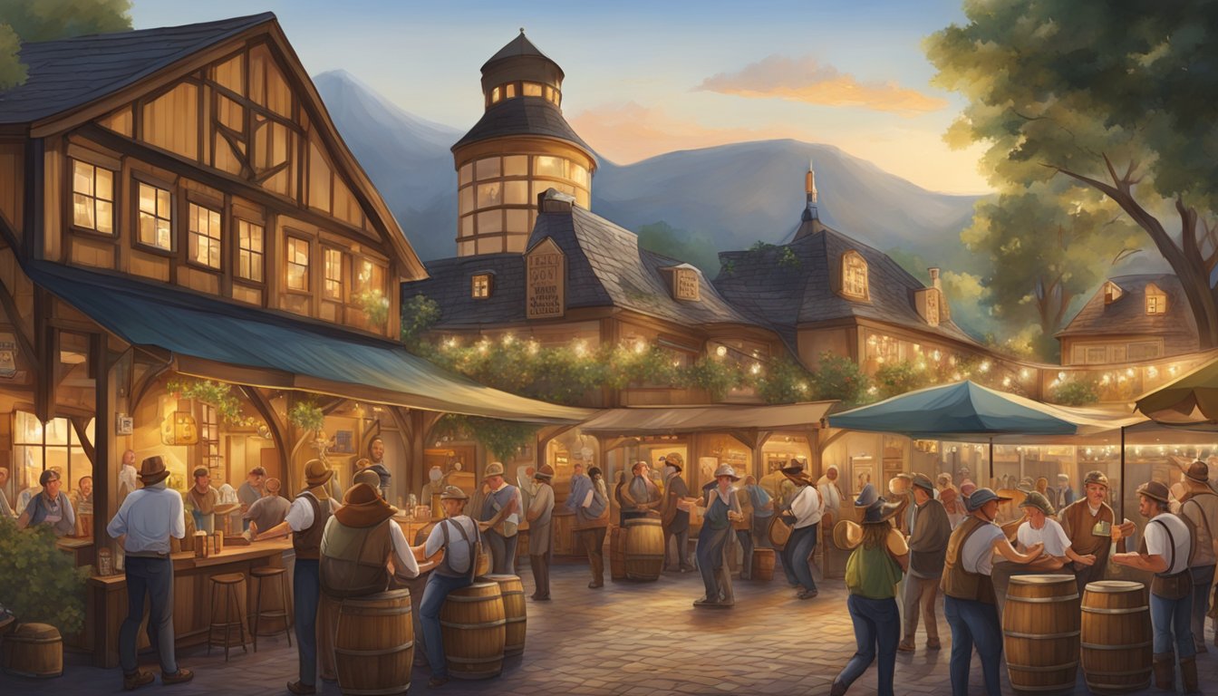 A bustling German Texan brewery, with traditional architecture and beer barrels, surrounded by lively folk music and people enjoying their drinks