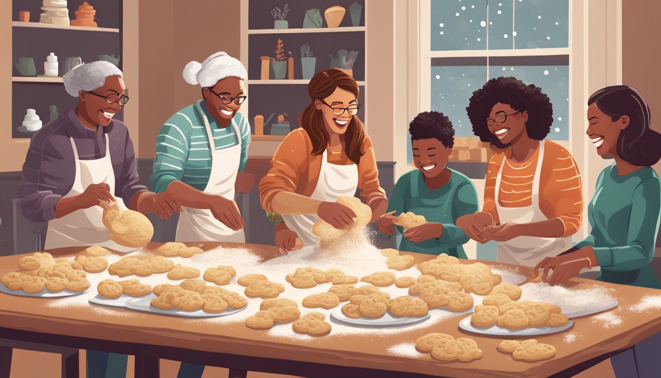 A group of people gather around a table covered in flour and cookie cutters, laughing and chatting as they roll out dough and decorate Christmas cookies