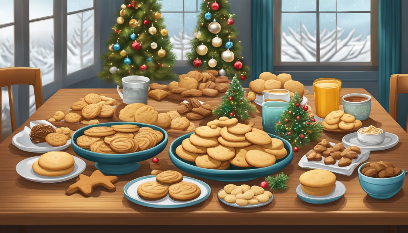 A festive table displays an array of German Texan Christmas cookies, surrounded by modern holiday decorations