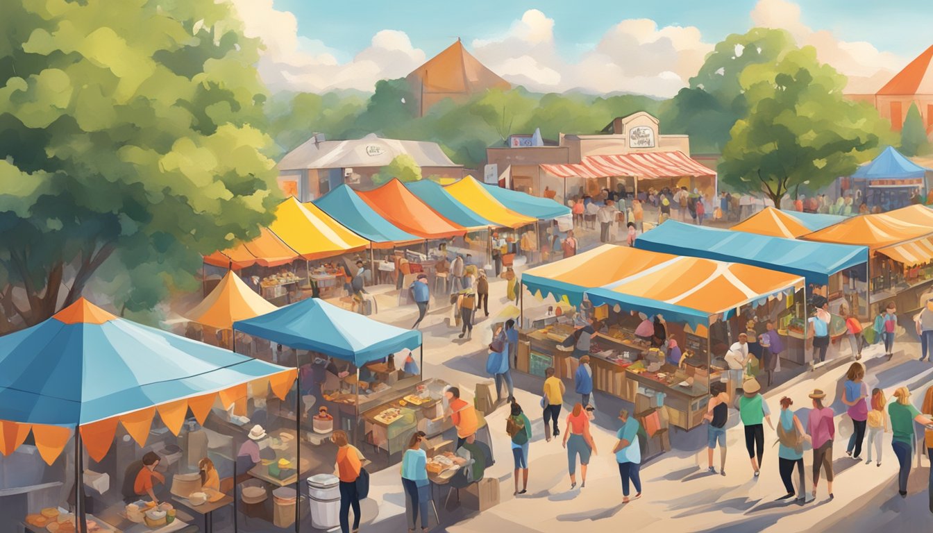 A bustling food festival with colorful tents, live music, and people enjoying traditional German Texan cuisine