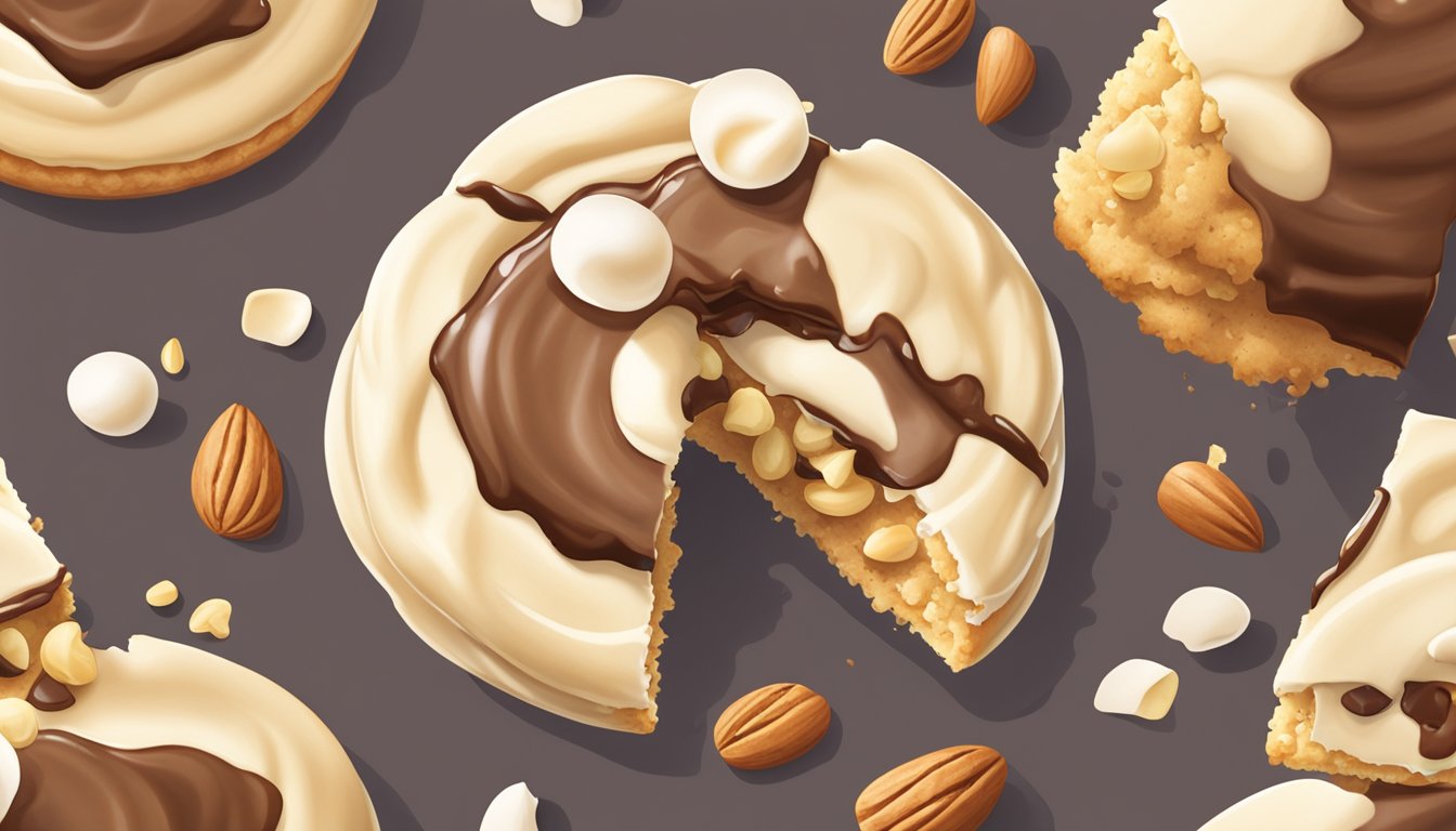 A white chocolate macadamia nut cookie being broken in half with visible chunks of nuts and melted chocolate