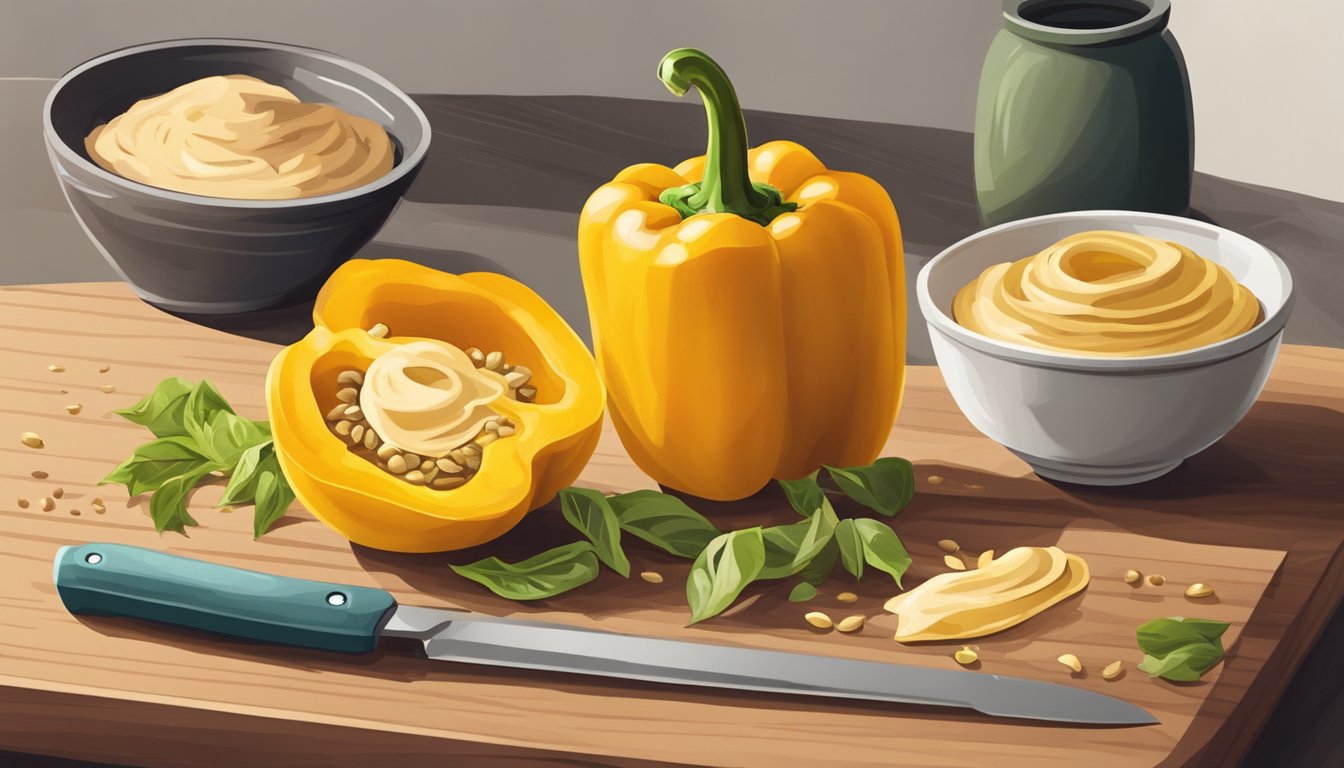 A yellow bell pepper sits on a cutting board, sliced into strips, with a small pile of seeds next to it. A knife and a bowl of hummus are nearby