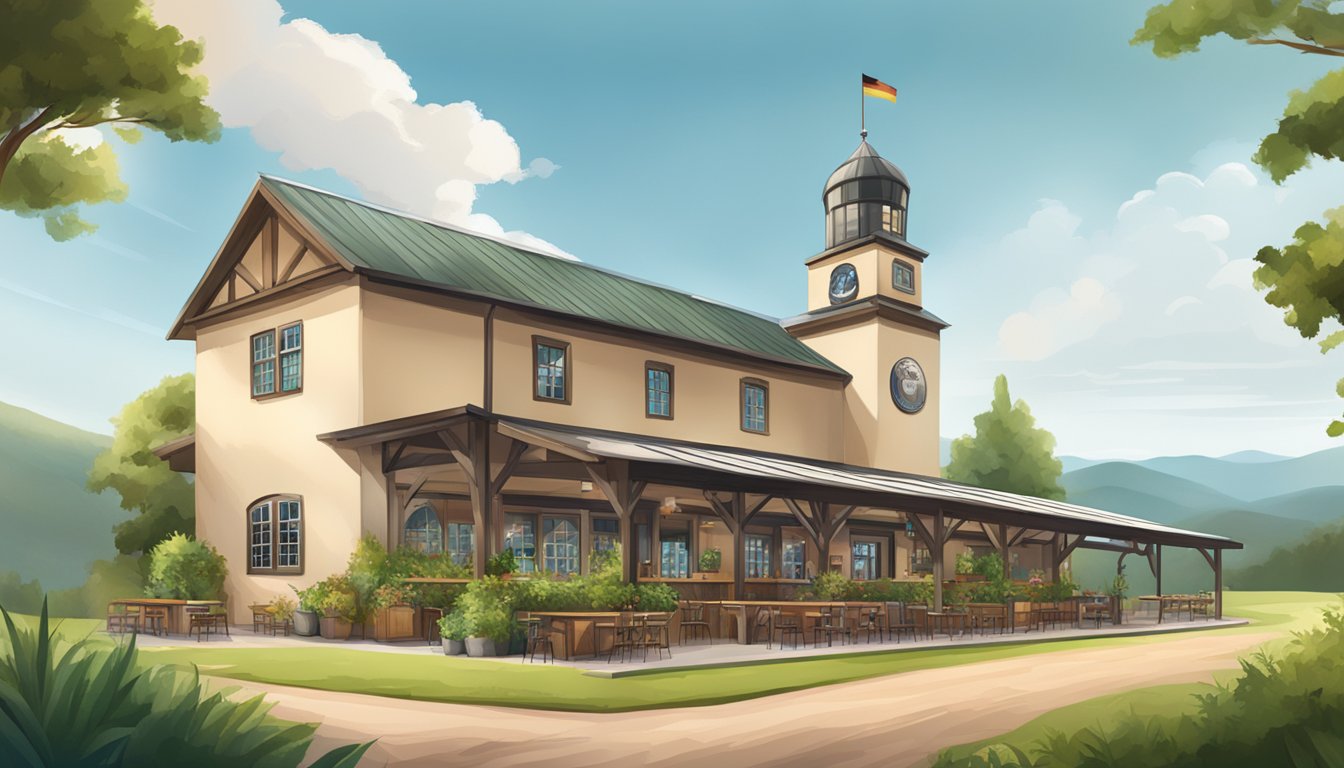 A traditional German Texan brewery building with modern elements, surrounded by rolling hills and lush greenery