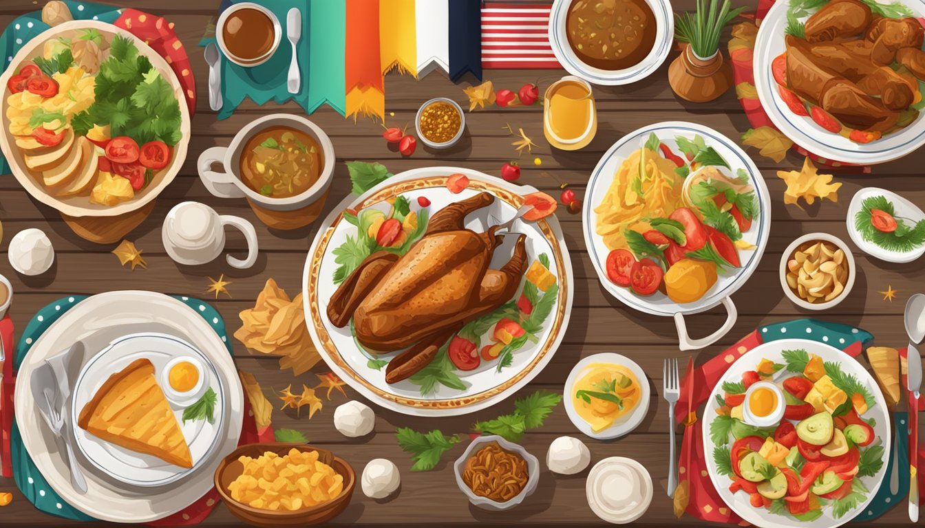 A festive table set with traditional German-Texan dishes, surrounded by colorful decorations and symbols of cultural celebration