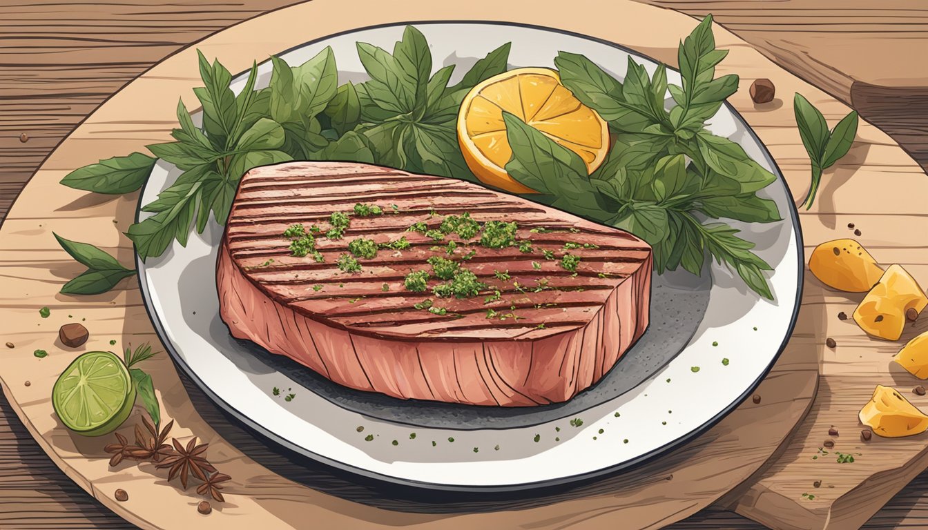 A tuna steak being seasoned with herbs and spices, then seared on a hot grill