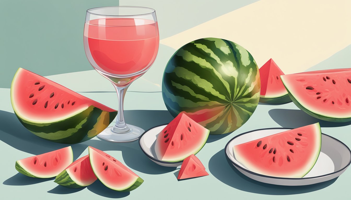 A ripe watermelon sliced into wedges, arranged on a platter, with a few seeds scattered around. A glass of watermelon juice sits nearby