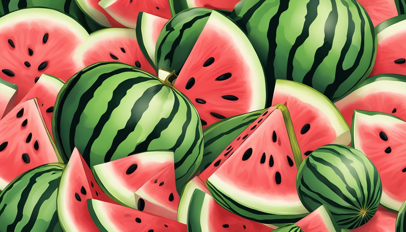 A watermelon sliced into wedges, with one piece being lifted by a fork. Seeds are visible, and juice is dripping from the fruit