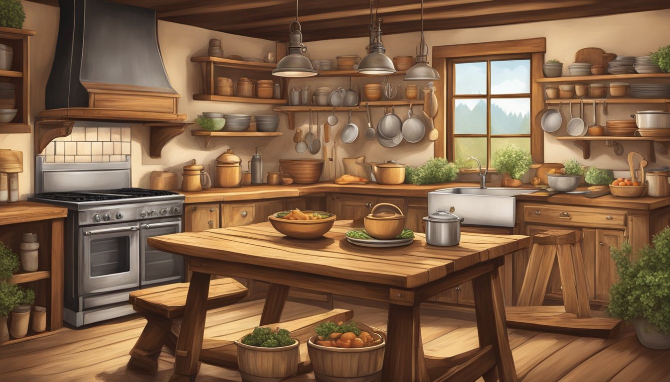 A rustic kitchen with a large wooden table, adorned with traditional German-Texan cookware and ingredients. A warm, inviting atmosphere with a hint of old-world charm