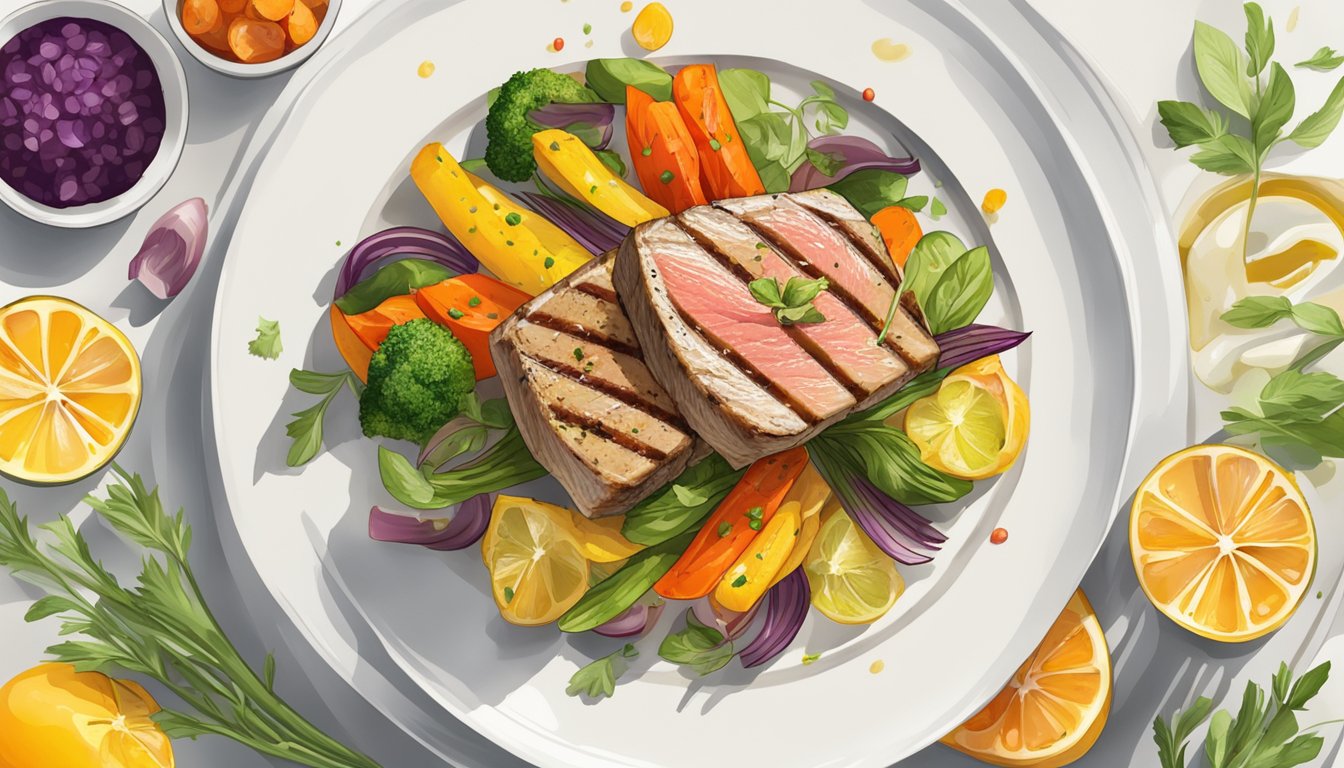 A grilled tuna steak on a white plate, surrounded by colorful roasted vegetables and a drizzle of citrus vinaigrette