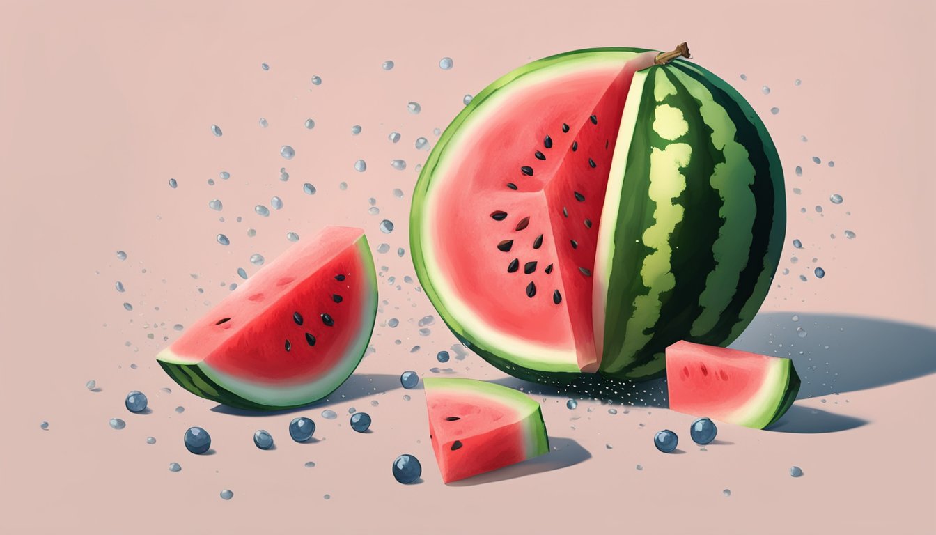 A watermelon with a bite taken out, surrounded by scattered seeds and juice droplets on a table