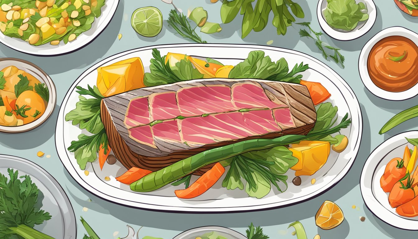 A seared tuna steak on a white plate, surrounded by colorful vegetables and drizzled with a savory sauce