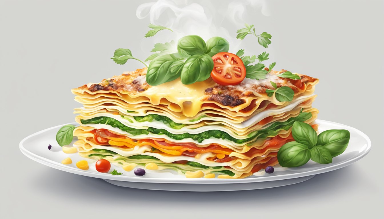 A vegetable lasagna being sliced and served on a white porcelain plate, with steam rising from the layers of colorful, fresh ingredients