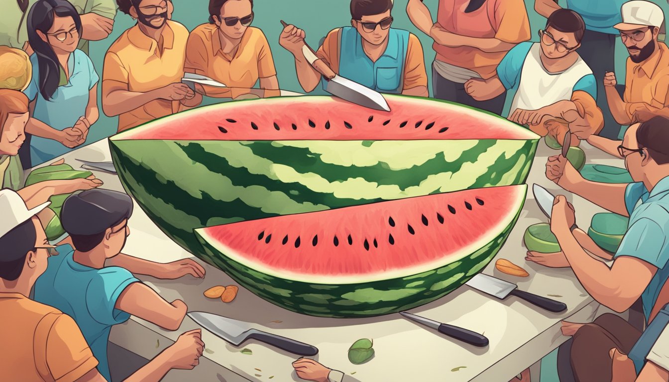 A watermelon being cut into slices with a knife, surrounded by a group of people with curious expressions