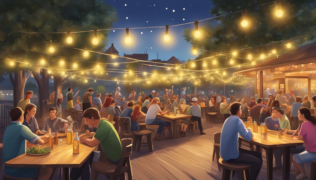 A bustling German-Texan beer garden with long communal tables, strings of twinkling lights, and a lively atmosphere