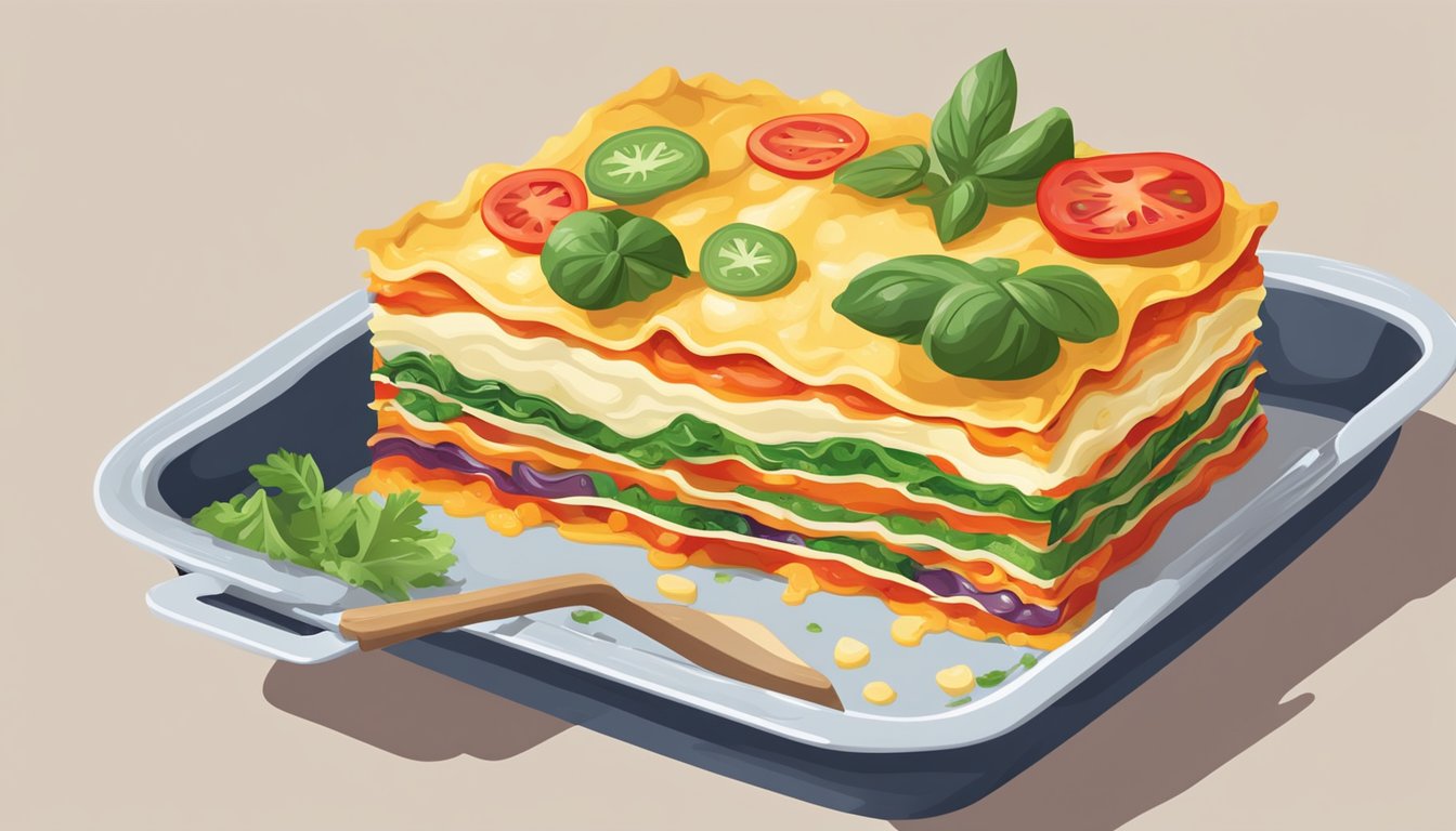 A slice of vegetable lasagna being carefully lifted from a baking dish with a spatula. Layers of colorful vegetables and melted cheese visible