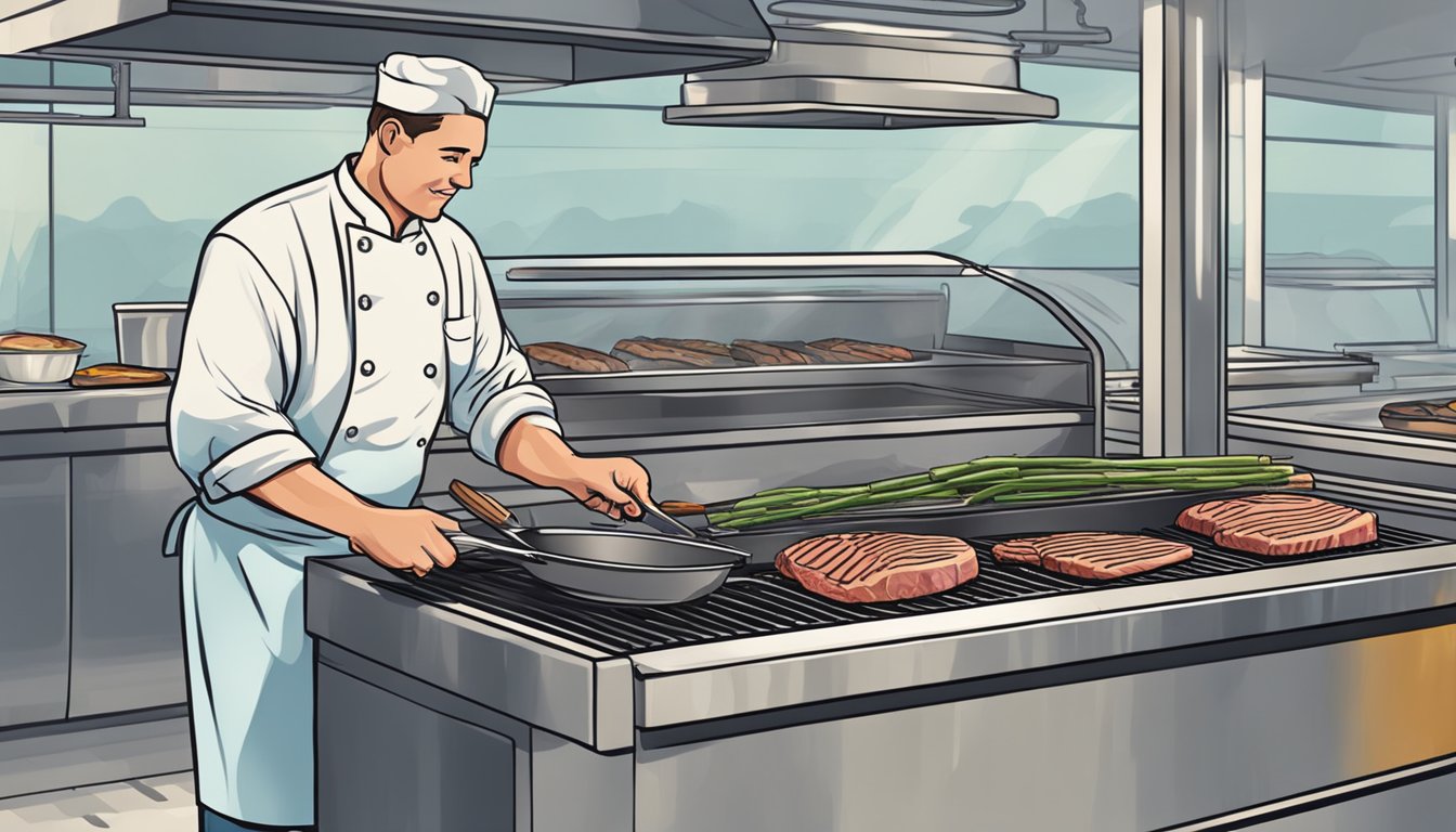 A chef grills a juicy tuna steak on a clean, well-maintained grill, ensuring it is cooked to perfection and safe to eat