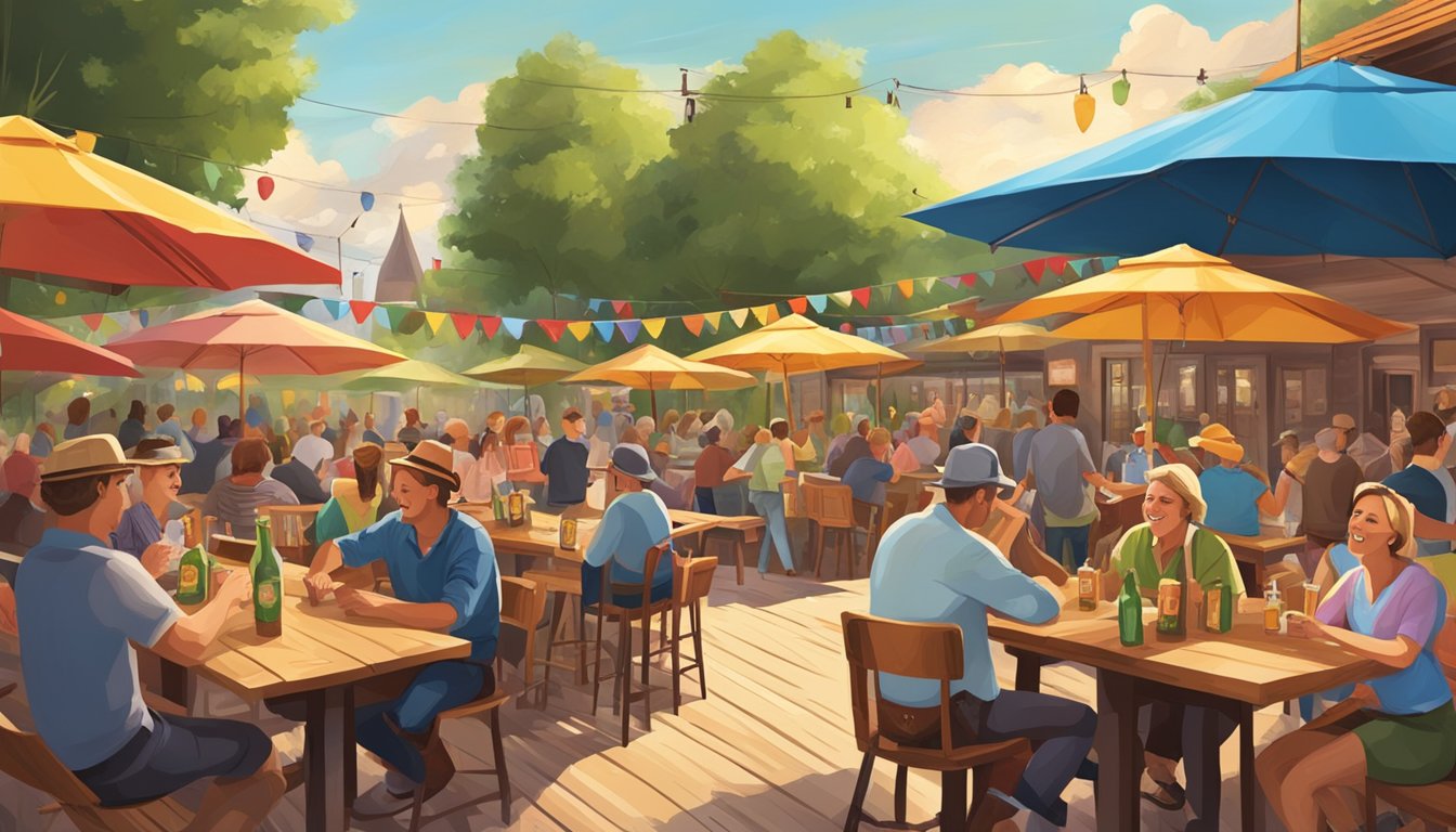 A bustling German Texan beer garden with long wooden tables, colorful umbrellas, and a lively atmosphere filled with music and laughter