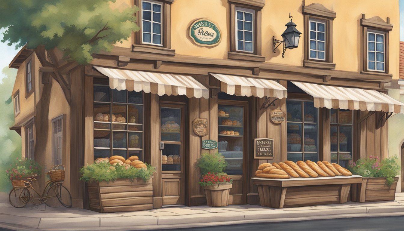 A quaint, rustic German bakery nestled in the heart of Texas, with a traditional half-timbered facade and a sign proudly displaying the bakery's name. The scent of freshly baked bread and pastries wafts through the air