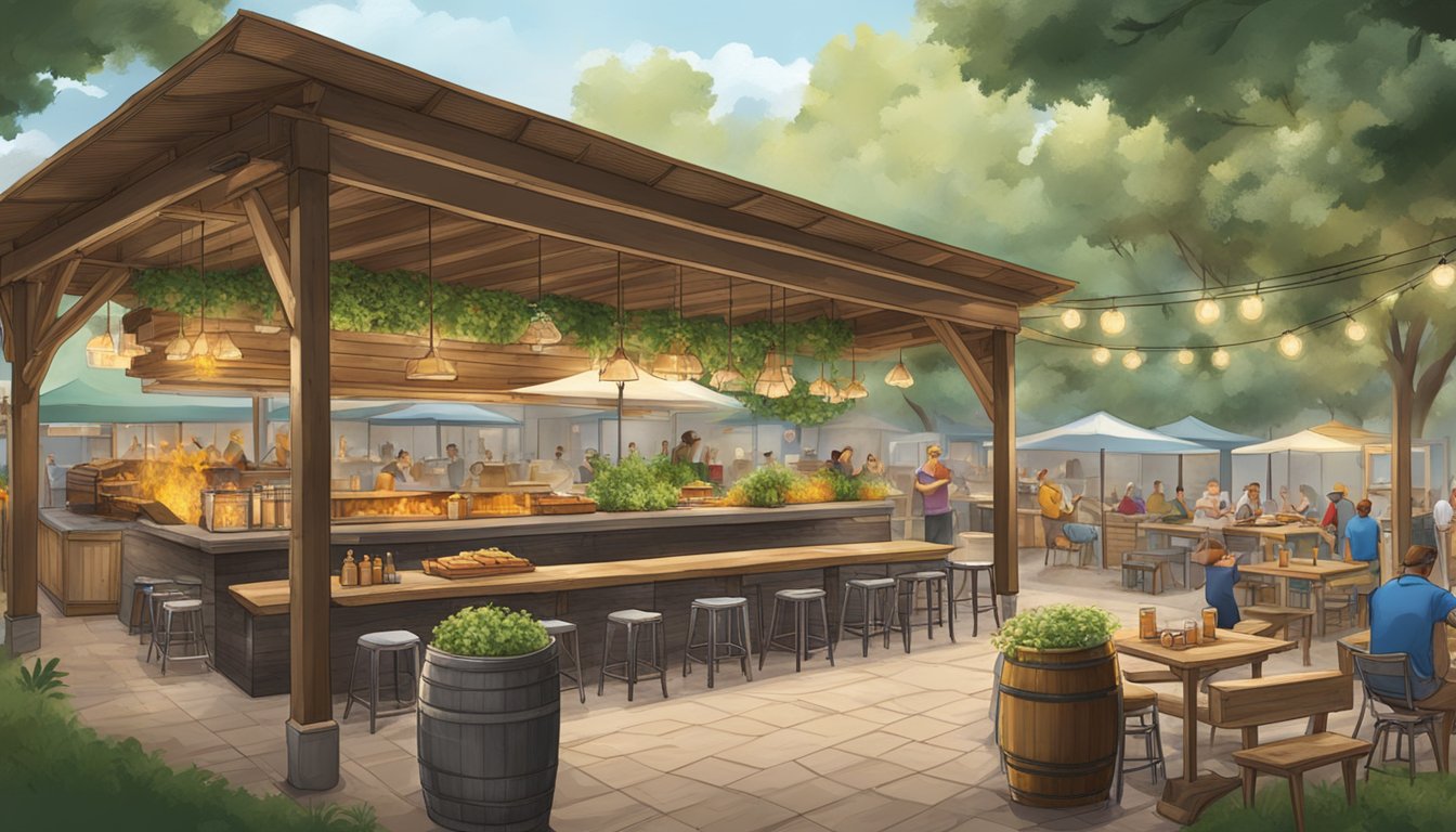 A German beer garden with a Texas barbecue pit, showcasing the fusion of German and Texan culinary traditions