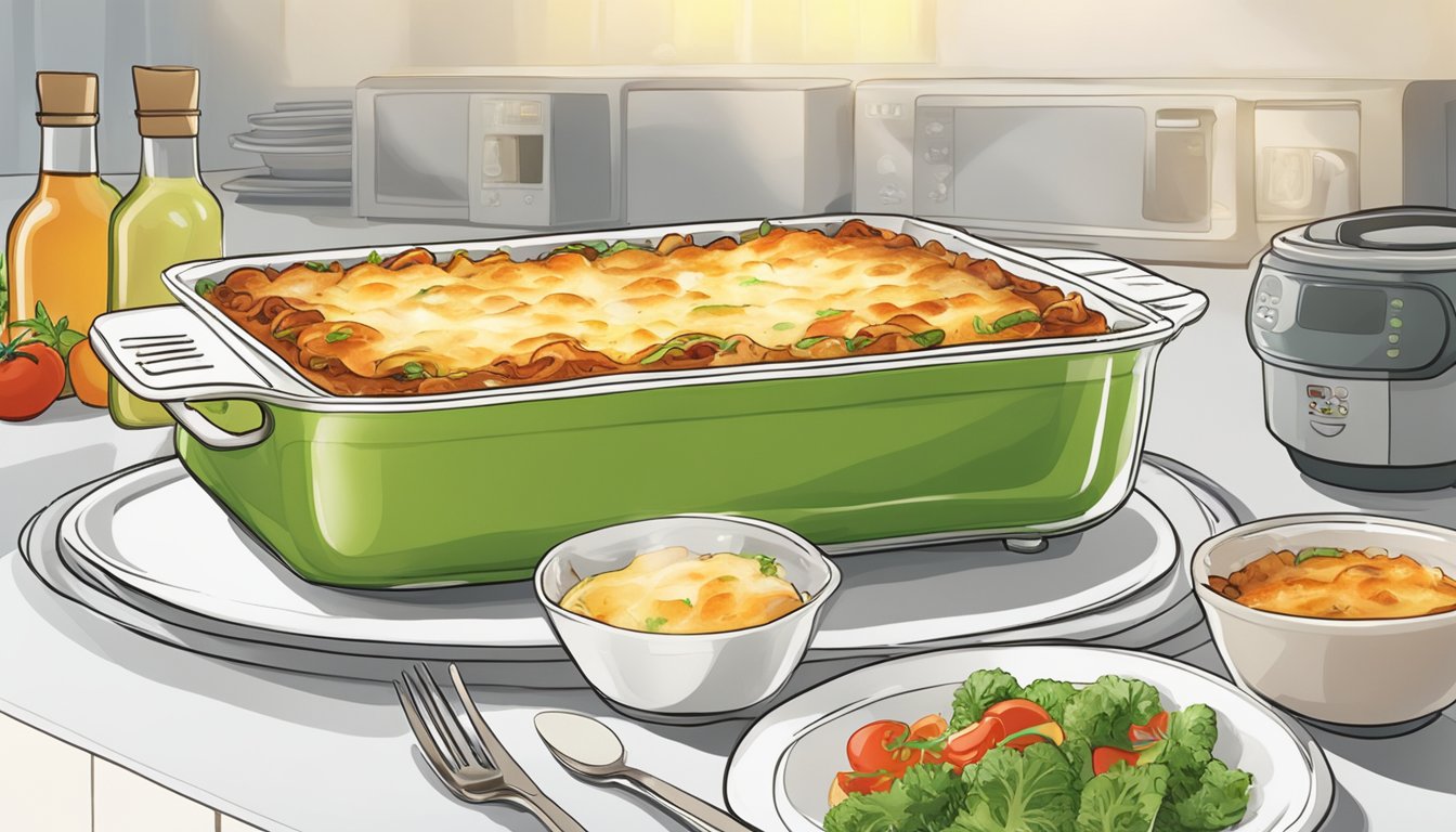 A vegetable lasagna sits on a white plate, surrounded by steaming bowls and utensils. A microwave hums in the background